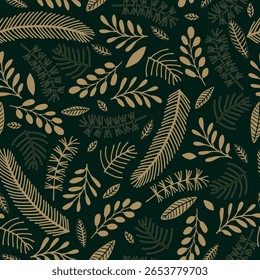 Seamless vector pattern with decorative fir branches, berries and other vegetation