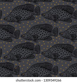 Seamless vector pattern with  decorative fish under water. Sea bottom and animals. Vintage engraving art. Hand drawing sketch. Kitchen design with seafood for paper, fabrics, wallpaper. Black & gold