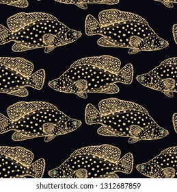 Seamless vector pattern with  decorative fish under water. Sea bottom and animals. Vintage engraving art. Hand drawing sketch. Kitchen design with seafood for paper, fabrics, wallpaper. Black and gold