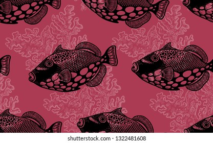 Seamless vector pattern decorative fish butterfly and coral under water. Sea bottom and animals. Vintage engraving art. Hand drawing sketch. Kitchen design with seafood for paper, fabrics, wallpaper