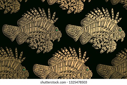 Seamless vector pattern with  decorative fish zebra. Sea bottom and animals. Vintage engraving art. Hand drawing sketch. Kitchen design with seafood for paper, fabrics, wallpaper. Black and gold