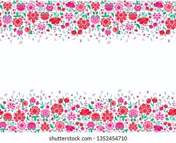 Seamless vector pattern. Decorative floral template. Green background with multicolor leaves and flowers.Pattern for fabric and textile. Spring summer field of flowers wallpaper.