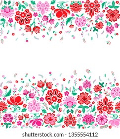 Seamless vector pattern. Decorative floral template. Green background with multicolor leaves and flowers. Pattern for fabric and textile. Spring summer field of flowers wallpaper.