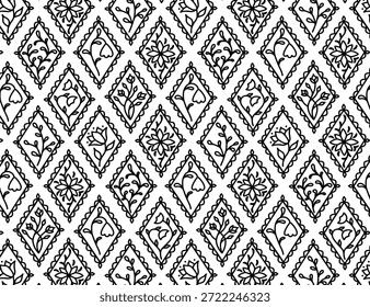 Nahtloses Vektormuster mit dekorativen Blumenmotiven in Rautendiamantenrahmen. Elegante schwarz-weiße Linie Kunst wiederholen für Tapete, Stoff, Verpackung, Schreibwaren, Verpackung, Dekor.
