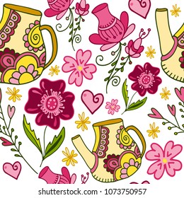 Seamless vector pattern with decorative  flowers, leaves, hearts, jug on white background