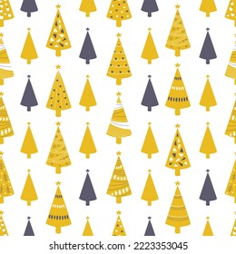 Seamless vector pattern with decorative fur-trees. Winter print. Gift wrapping paper, packaging paper, home textile, fabric print design concept.
