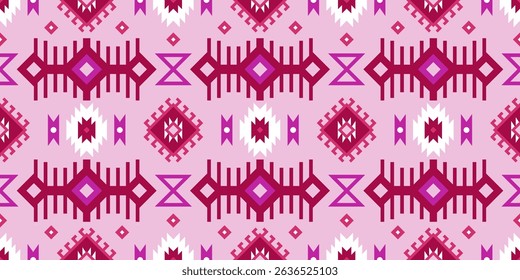 Seamless vector pattern with decorative geometric ornament in pink palette. Ethnic style design, boho background for printing on textile, fabric, paper, wrapping and other surfaces.