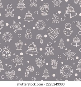 Seamless vector pattern with decorative icing, gingerbread man, Christmas tree, bell and snowman. New Year and Christmas pattern in vintage style for printing on fabric, wallpaper and prints.