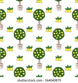 Seamless vector pattern. Decorative lemon trees and lemons pattern on the white background. 