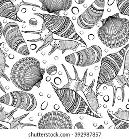 Seamless vector pattern of decorative seashells isolated on white background. Zentangl. Boho style.