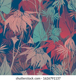 Seamless vector pattern of decorative silhouettes of abstract flowers. The design is perfectly suitable for clothes design, children decoration, stickers, stationary, tattoos. 
