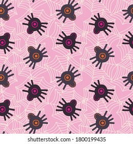 Seamless vector pattern of decorative spider net with black spiders pink background. Halloween decorative design. Perfect for decorations, textiles, advertisements, surfaces, wrapping paper