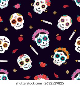 Seamless vector pattern dedicaed to mexican day of the dead with sculls, flowers, peppers and bones on purple background