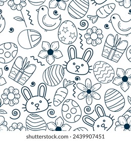 Seamless vector pattern dedicated to Easter on a white background. Hand drawn outline of Easter eggs, bunny faces and porcupines on a white background. Illustration isolated from background.