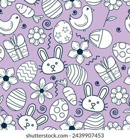 Seamless vector pattern dedicated to Easter on a soft purple background. Hand drawn white outline of Easter eggs, bunny faces and porcupines. The pattern is suitable for seamless printing.