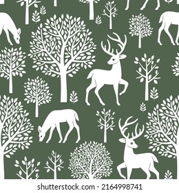 Seamless vector pattern with deer, fawn, trees and leaves. Scandinavian woodland illustration. Perfect for textile, wallpaper or print design.