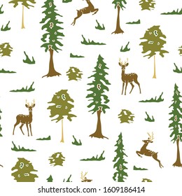 Seamless vector pattern with deer in forest on white background. Simple landscape animal wallpaper design.