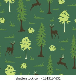 Seamless vector pattern with deer in forest on green background. Animal wallpaper design with silhouette of trees and moose jumping.