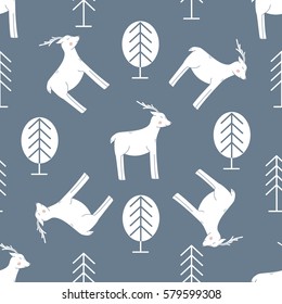 Seamless vector pattern with deer and forest. Perfect for wrapping paper, wallpaper, repeating elements, vintage design, notebook cover, fabric clothes design.
