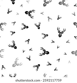 Seamless vector pattern with deer head symbols, creating a creative monochrome background with rotated elements. Vector illustration on white background