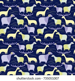 Seamless vector pattern with deer and lamb and on dark blue background