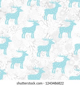 Seamless vector pattern with deer silhouettes on floral background,  scandinavian style