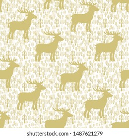 Seamless vector pattern with deer silhouettes on golden background,  scandinavian style