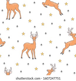 Seamless vector pattern with deer and stars on white background. Simple animal wallpaper design. 