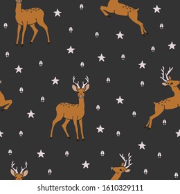 Seamless vector pattern with deer and stars on grey background. Simple animal dark wallpaper design. Elk footprints.