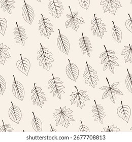 Padrão de vetor sem emenda com delicadas folhas de outono esboço ilustração textura botânica elegante em bege neutro e cores marrons, tecido papel de parede embalagem sazonal design orgânico simples estilo