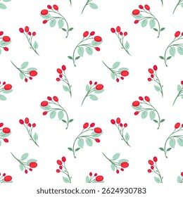 Seamless vector pattern with delicate berry branches on a white background. Red and green hues create an elegant botanical design, perfect for textiles, wallpapers, packaging, and stationery