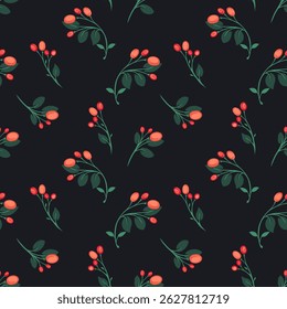 Seamless vector pattern with delicate berry branches on a deep black background. Red and green hues create an elegant botanical design, perfect for textiles, wallpapers, packaging, and stationery