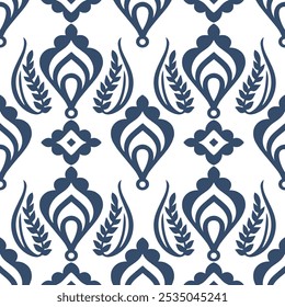 A seamless vector pattern with delicate blue floral motifs on a crisp white background. The intricate, repeating design adds elegance and sophistication, making it ideal for textiles, wallpaper 