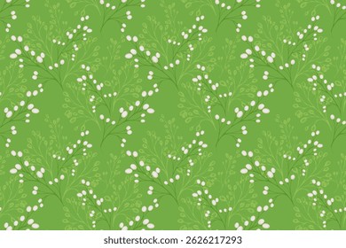 Seamless vector pattern with delicate botanical branches and white berries on a fresh green background. Elegant and nature inspired, perfect for textiles, wallpapers, packaging, and stationery design