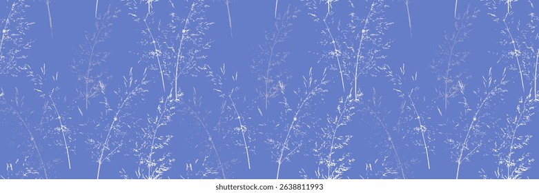 Seamless vector pattern with delicate botanical stems and fine branches on a muted blue background. Elegant and minimalistic nature ornament design for textiles, wallpapers, packaging, stationery