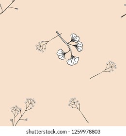 Seamless vector pattern. Delicate branches Ginkgo  of  with leaves. Handmade black and white pattern on a vintage pink background.
