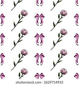Seamless vector pattern with delicate chrysanthemum and purple bows, perfect for feminine designs and romantic projects.