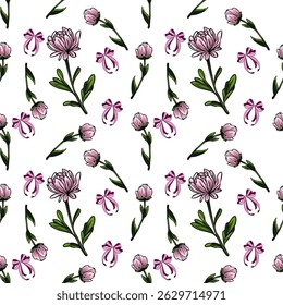 Seamless vector pattern of delicate chrysanthemum flowers and purple bows, perfect for feminine designs and spring-themed projects.