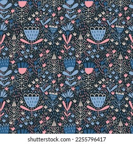Seamless vector pattern of delicate color with abstract flowers and twigs and small fillers. Ornament with small abstract flowers in flat style