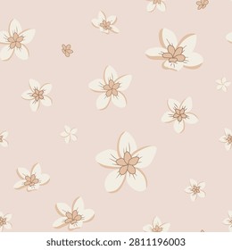 Seamless vector pattern with delicate cream flowers on beige background. Soft floral repeat for textile, wallpaper, packaging and elegant print.