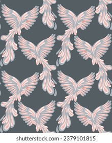 Seamless vector pattern with delicate fantasy birds. Ornithological texture in pastel colors on gray background. Tender background with flying Paradise Birds for fabrics, wrapping paper