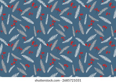 Padrão de vetor sem emenda com abeto delicado como ramos e bagas vermelhas brilhantes no fundo azul profundo. Design botânico elegante de Natal de inverno para têxteis, embalagem e decoração