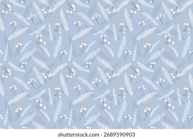Padrão de vetor sem emenda com delicado abeto como ramos e pequenas bagas de creme no fundo azul macio. Elegante design botânico de inverno para têxteis, embalagem e decoração