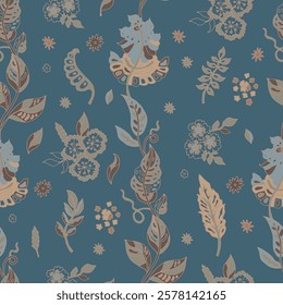 Seamless vector pattern with delicate floral motifs and foliage in earthy and blue tones on a deep blue background, designed with elegance. Suitable for textiles and wallpapers.