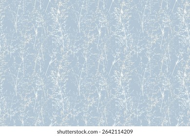 Seamless vector pattern of delicate floral stems in pastel tones on a soft blue background. The elegant, sketch like botanical design creates a calm and airy feel for textiles, wallpapers, decor