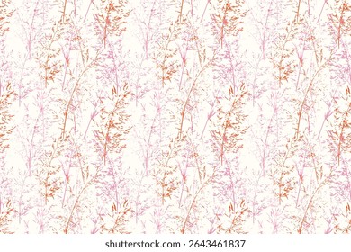 Seamless vector pattern of delicate floral stems in pink and red tones on a light background. Summer nature ornament, sketch-like botanical design for textiles, wallpapers, decor