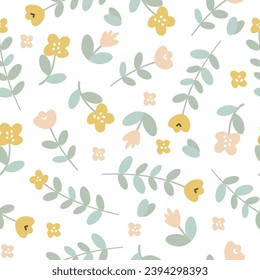 Seamless vector pattern. Delicate flowers in Scandinavian style, naive art. Pattern on white background 