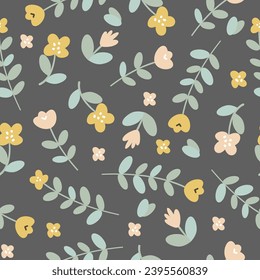 Seamless vector pattern. Delicate flowers in Scandinavian style, naive art. Pattern on gray background 