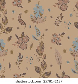 Seamless vector pattern with delicate flowers and leaves in soft earthy tones on a light beige background, designed with a botanical-inspired artistic style. Perfect for textiles and decor.