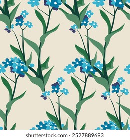 Seamless vector pattern with delicate forget me not flowers in blue shades on a beige background. Great for textile designs and wallpapers.